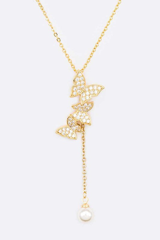Cubic Zirconia Pearl Drop Butterfly Necklace