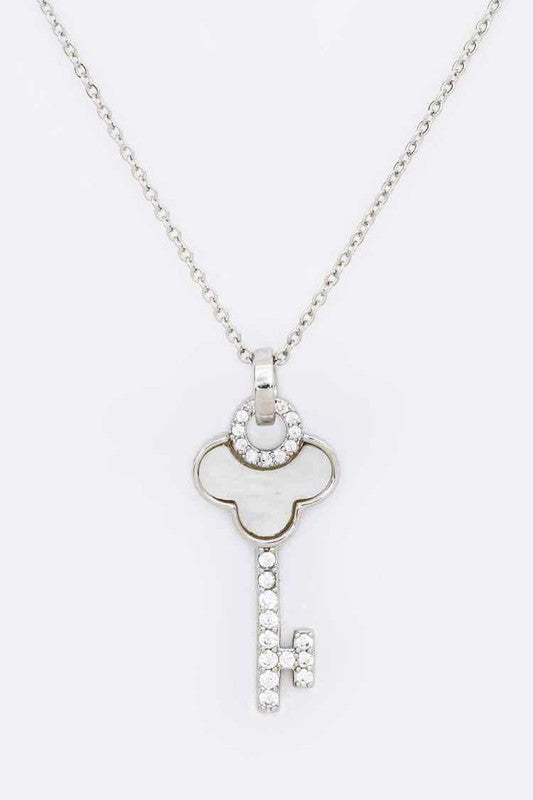 Mother Of Pearl Key Pendant CZ Necklace