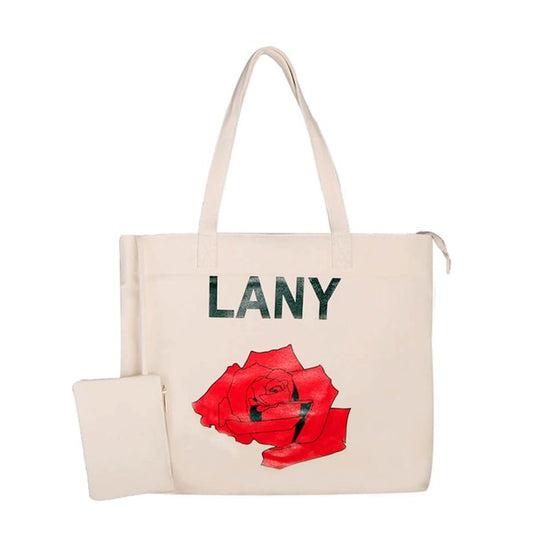 LANY Zippered Cotton Canvas Tote with Pouch - Red Rose